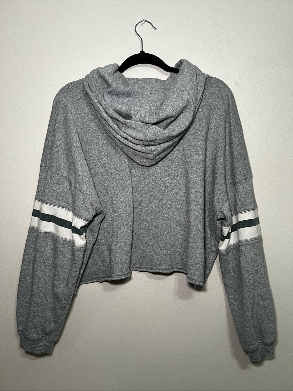 American Eagle Cropped Grey Hoodie with Striped Sleeves - Picture 5 of 5